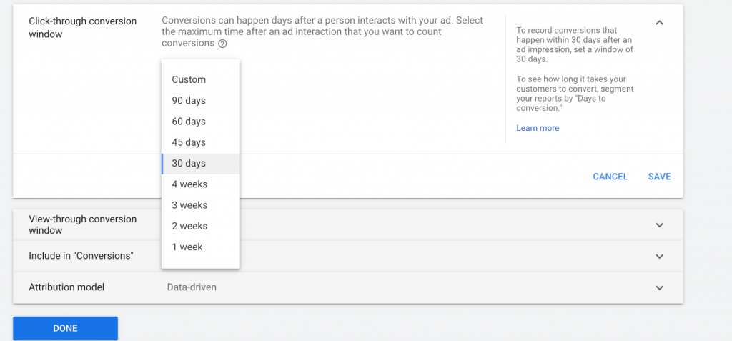 click-through conversion window google ads